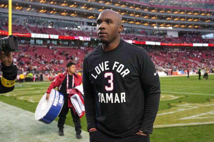 Jan 8, 2023; Santa Clara, California, USA; San Francisco 49ers defensive coordinator DeMeco Ryans walks off the field after defeating the Arizona Cardinals at Levi's Stadium.